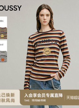 MOUSSY2026春季新品复古条纹撞色字母印花长袖T恤女028IAA90-1040