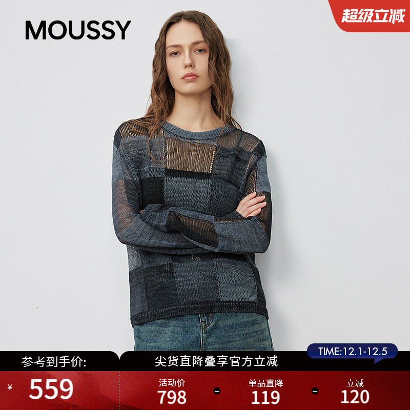 MOUSSY2025秋季新品复古休闲风撞色拼接毛针织衫女028IAC70-1037
