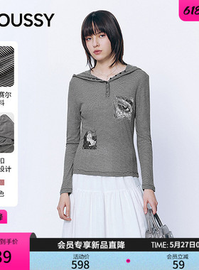 MOUSSY2026春季新品复古朋克风条纹印花连帽长袖T恤028JSA90-1014