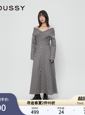 MOUSSY 春季新品法式乡村田园一字领格纹连衣裙028HAH30-1761