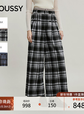 MOUSSY 2026早春新品复古港风格纹撞色高腰阔腿长裤028IAA31-2371