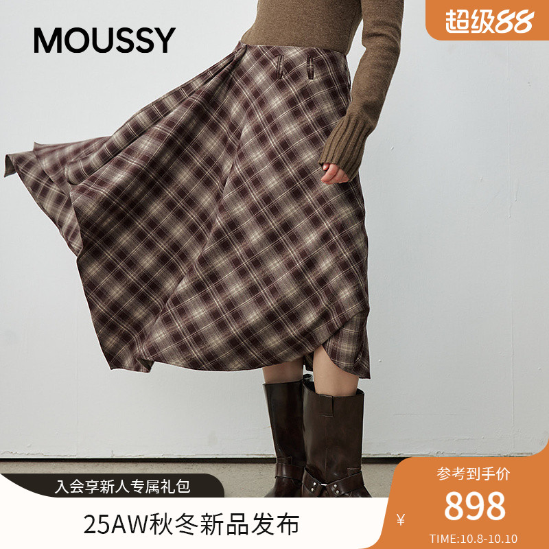 MOUSSY 2025秋冬新品复古格纹不规则裙摆长款半身裙028IAA31-1027