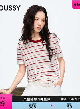 MOUSSY2026夏季新品复古风条纹撞色休闲圆领短袖T恤028JSC90-1091