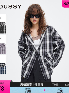 MOUSSY 春季新品复古街头撞色格纹连帽长袖衬衫028ISA30-2301