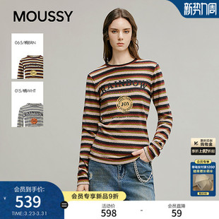 T恤女028IAA90 复古条纹撞色字母印花长袖 1040 新品 MOUSSY2026春季