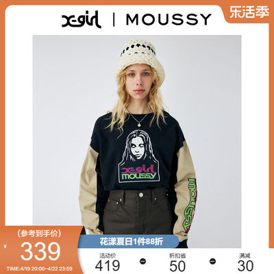 moussy人物图案刺绣拼色长袖T恤