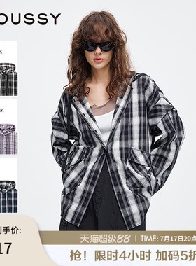 MOUSSY 春季新品复古街头撞色格纹连帽长袖衬衫028ISA30-2301