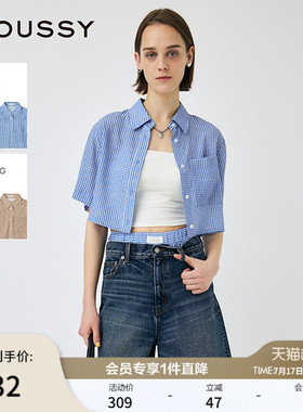 moussy 夏季新品日系复古格纹短袖宽松短款衬衫010IS430-3821