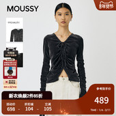 新品 优雅植绒褶皱修身 系带V领针织衫 MOUSSY秋季 010IA380
