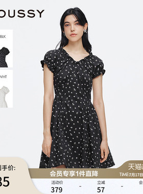 MOUSSY春季新品甜美风花边V领泡泡袖碎花连衣裙028ISA33-3951