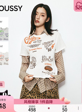 MOUSSY2026春季新品甜酷辣妹圆领字母印花修身短袖T028JSA90-1038
