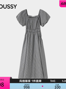 MOUSSY2026夏季新品法式优雅风方领泡泡袖A字连衣裙028JSA33-1028