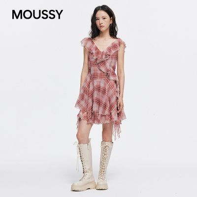 MOUSSY 2026夏季新品甜酷风不规则格纹荷叶边连衣裙028JSZ33-1021