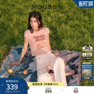 1053 T恤028JSX90 MOUSSY 早春复古玫瑰印花正肩短袖