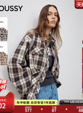 MOUSSY 甜酷风抽褶系带收口复古格子长袖衬衫女028ISA30-1004