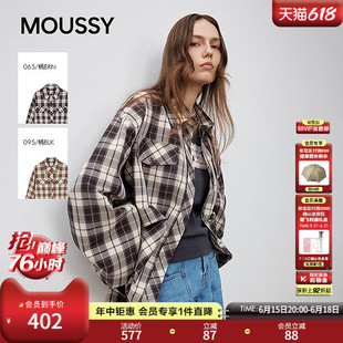 MOUSSY 甜酷风抽褶系带收口复古格子长袖衬衫女028ISA30-1004
