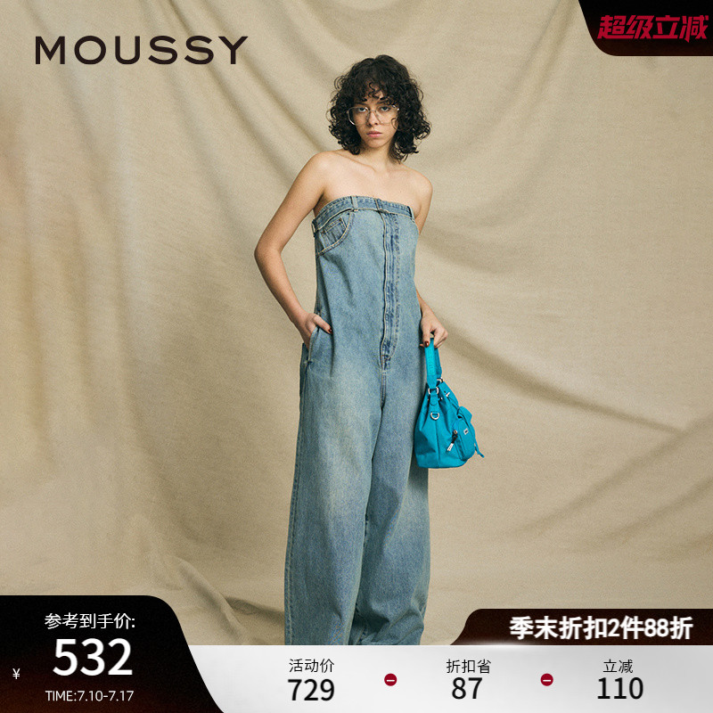 MOUSSY欧美风扎染裹胸牛仔连体裤