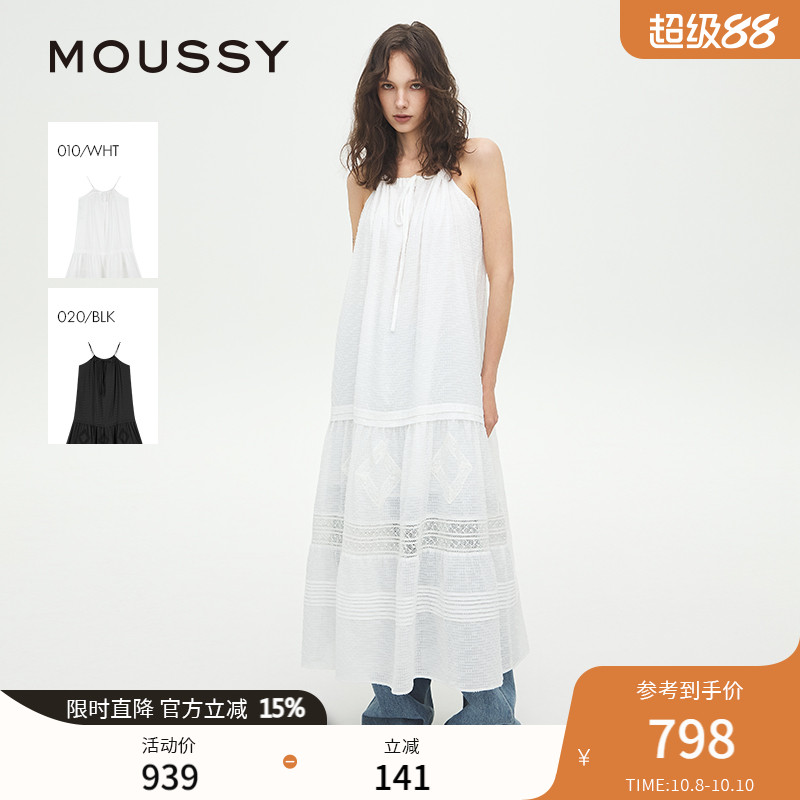 MOUSSY 2025夏季新品法式复古拼接蕾丝吊带连衣裙女028ISA33-2041