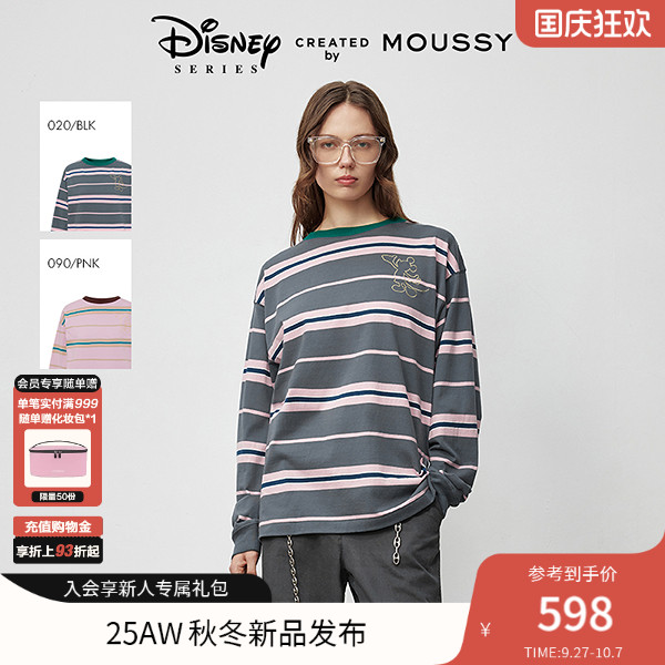 MOUSSY2025秋季新品甜美风刺绣卡通撞色条纹长袖T恤028IAY90-1871