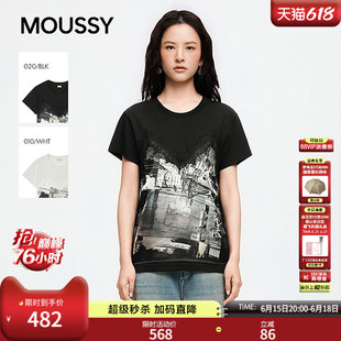 MOUSSY2026夏季新品甜酷风蕾丝拼接涂鸦印花短袖T恤028JSZ90-1042