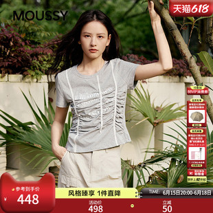 MOUSSY2026夏季新品蕾丝褶皱休闲字母印花圆领T恤028JSA90-1074