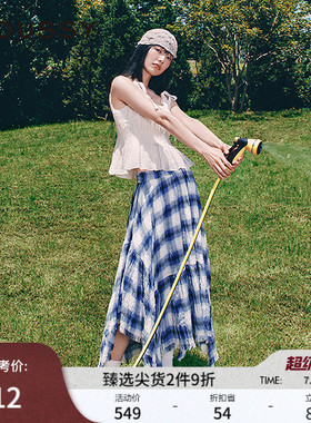 卢昱晓同款MOUSSY春新品甜美格子松紧不规则半裙028IAX31-1251