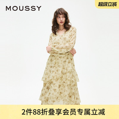 MOUSSY 夏季新品意式度假风温柔蔷薇印花雪纺连衣裙028ISX33-1781