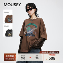明星同款MOUSSY25秋新品复古风做旧星球印花宽松T恤028IAA90-2991
