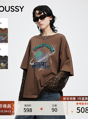 明星同款MOUSSY25秋新品复古风做旧星球印花宽松T恤028IAA90-2991