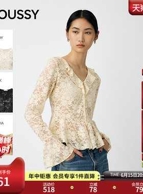 MOUSSY春季新品甜美风蕾丝花纹长袖V领针织衫010IA280-4491