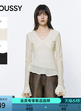 MOUSSY 2026春季新品温柔甜美风不规则荷叶边V领T恤028JSA80-1015