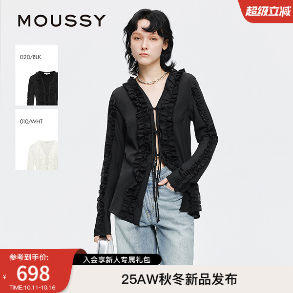 MOUSSY 2025早秋新品甜美风荷叶边绑带衬衫外套女028IAA30-1016