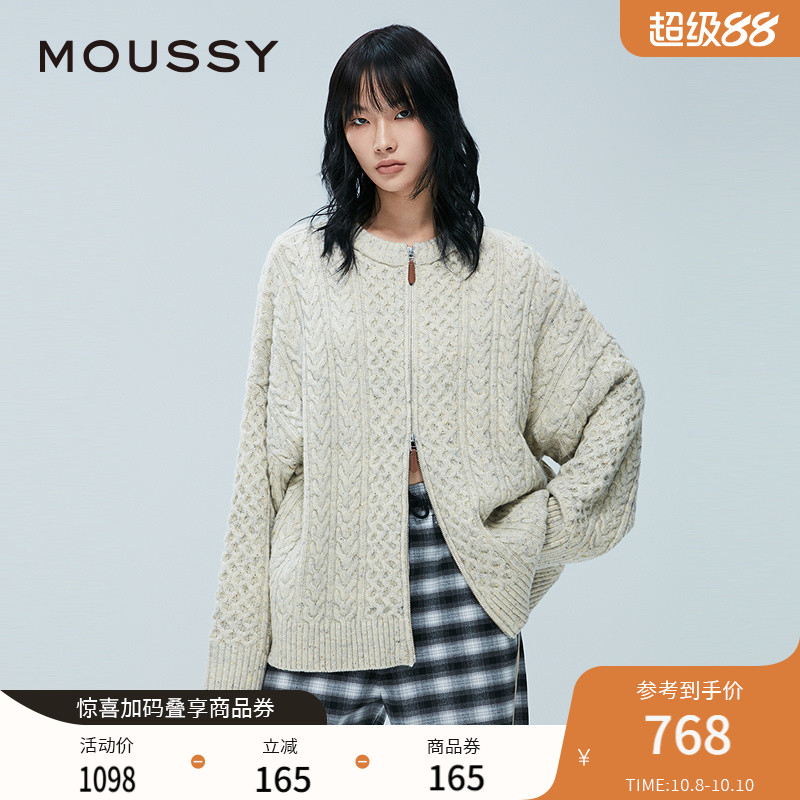 MOUSSY2025冬季新品绞花OVERSIZE拉链针织开衫外套028IAZ70-1029