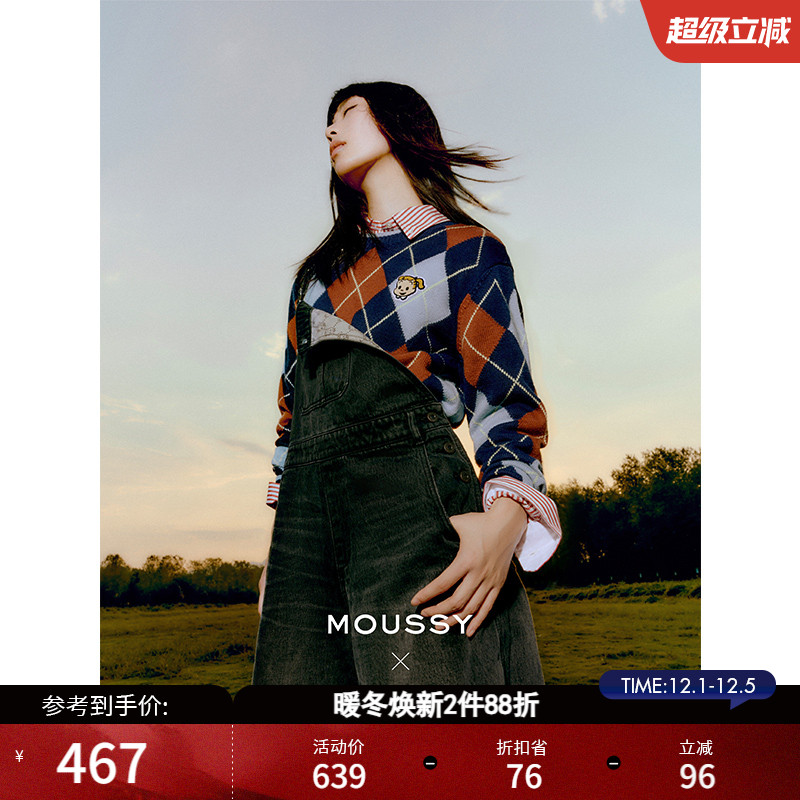 MOUSSYx 原田治 秋季新品LOGO刺绣背带牛仔裤女028HAZ30-1561