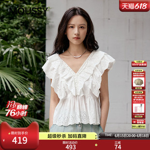 MOUSSY2026夏季新品海边度假层叠边纯棉短袖V领衬衫028JSX30-1054