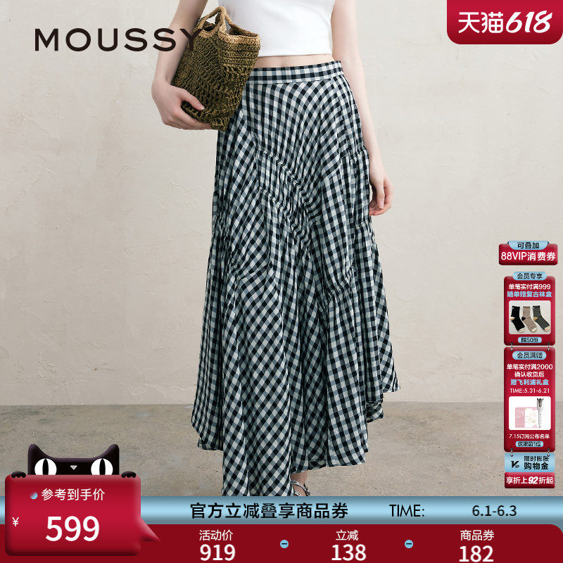 MOUSSY 春季文艺感不规则格纹半身裙女028JSX31-1066