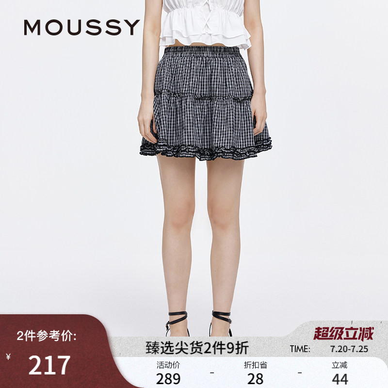 MOUSSY 春季新品甜美木耳边格子蓬蓬裙半身裙女028ISA31-0008