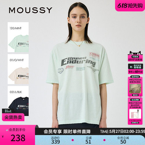 MOUSSY 夏季新品做旧LOGO印花圆领宽松短袖T恤010IS290-5281