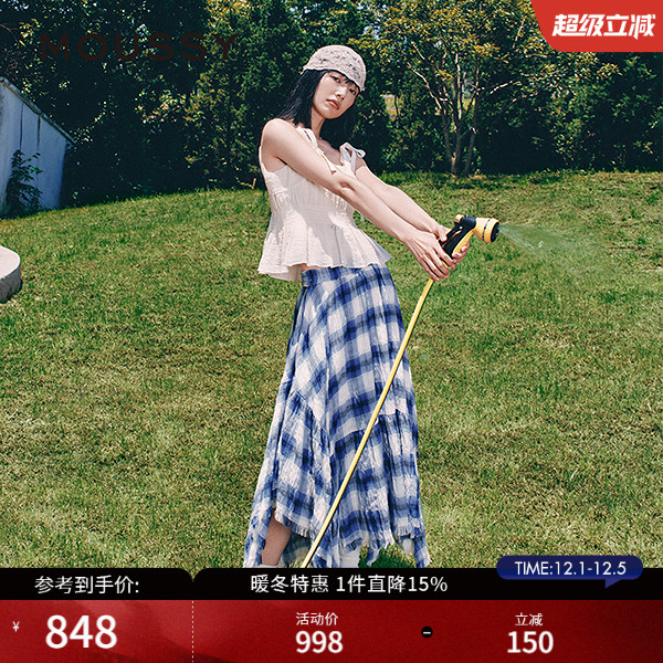 卢昱晓同款MOUSSY25秋新品甜美格子松紧不规则半裙028IAX31-1251