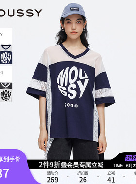 MOUSSY 夏季新品网纱蕾丝拼接撞色LOGO短袖T恤028ISA90-2931