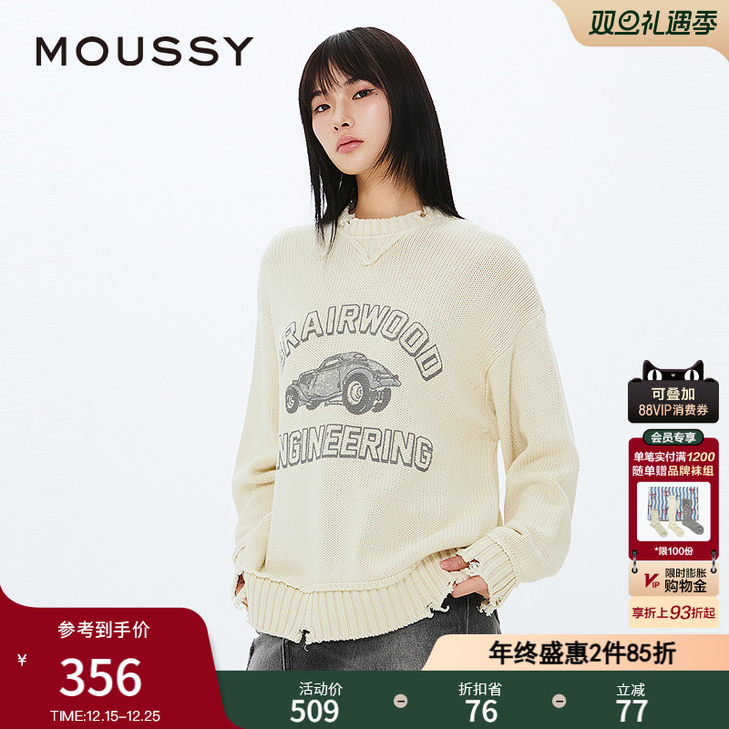 MOUSSY 2025春季新品复古小汽车图案印花针织毛衣女010ISQ70-4361