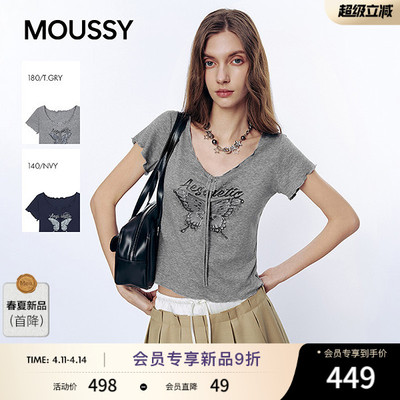 MOUSSY 2026春季新品辣妹风复古蝴蝶印花系带V领T恤028JSA90-1031