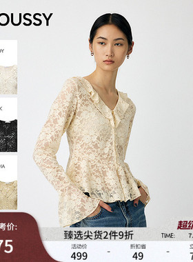 MOUSSY春季新品甜美风蕾丝花纹长袖V领针织衫010IA280-4491