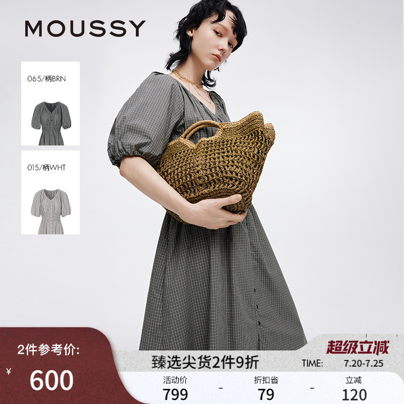 MOUSSY 春季新品法式田园风V领格纹衬衫连衣裙028ISC33-1005