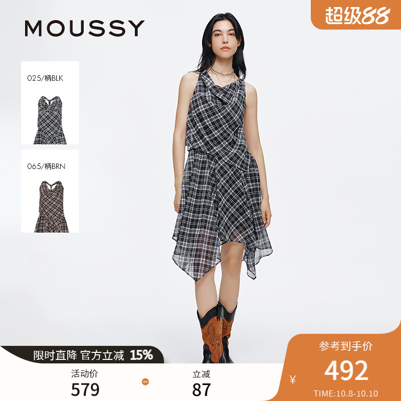 MOUSSY 2025夏季新品格纹荡领露背不规则无袖连衣裙028ISA33-3521