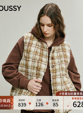 MOUSSY 2025冬季新品复古格子仿羊羔绒撞色马甲背心028IAC30-1108