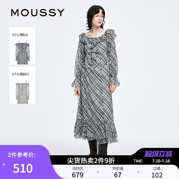 MOUSSY早春新品甜美清新荷叶边长袖格子连衣裙028IAA33-1001