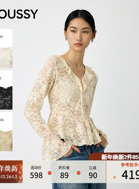 MOUSSY2025秋季新品甜美风蕾丝花纹长袖V领针织衫010IA280-4491