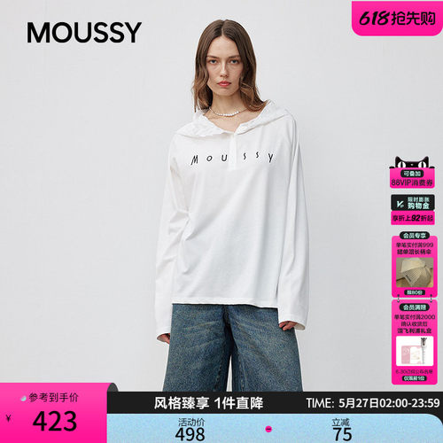 moussy春季新品休闲风蕾丝拼接长袖针织衫女028JSX90-1049