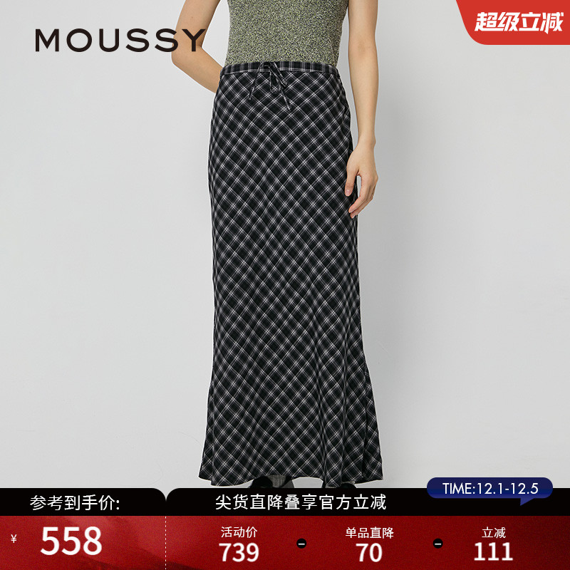 MOUSSY 秋季新品复古文艺风经典格纹长款半身裙028ISZ30-3011